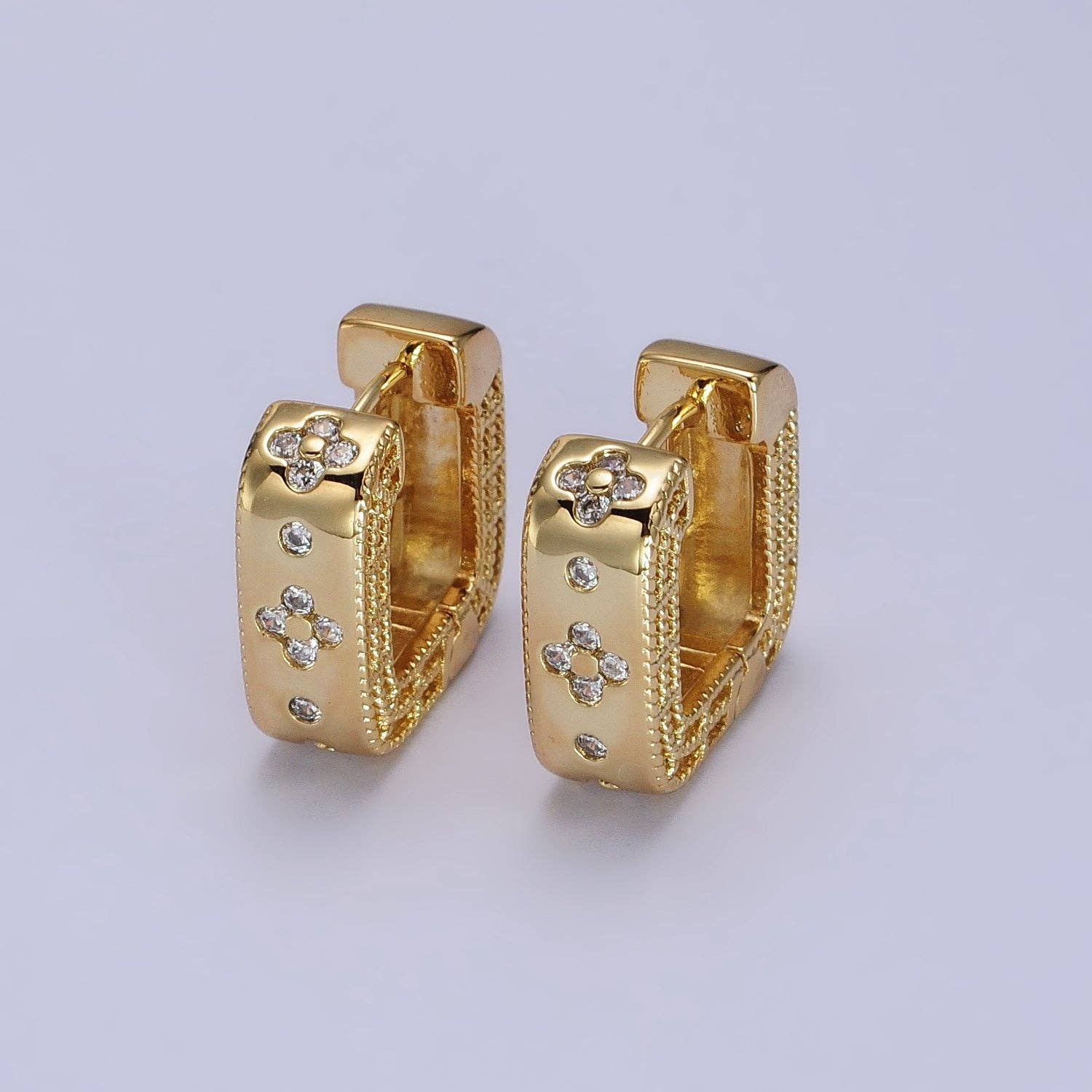 24K Gold Filled Clear Quatrefoil CZ Square Huggies Earrings | AB196