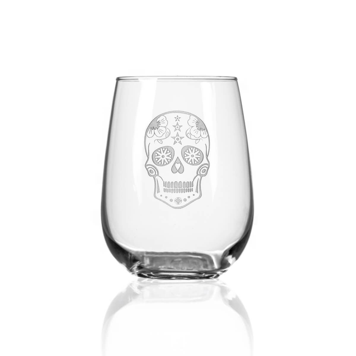 Sugar Skull 17oz Stemless Wine - Halloween Glassware - SET OF TWO