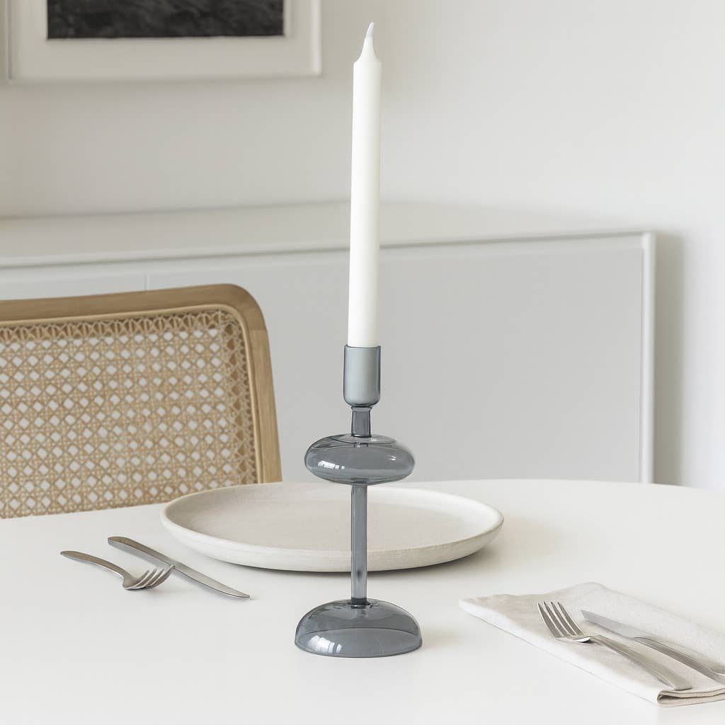 Candle Holder - Blue Glass Retro Bubble Taper, 10 in.