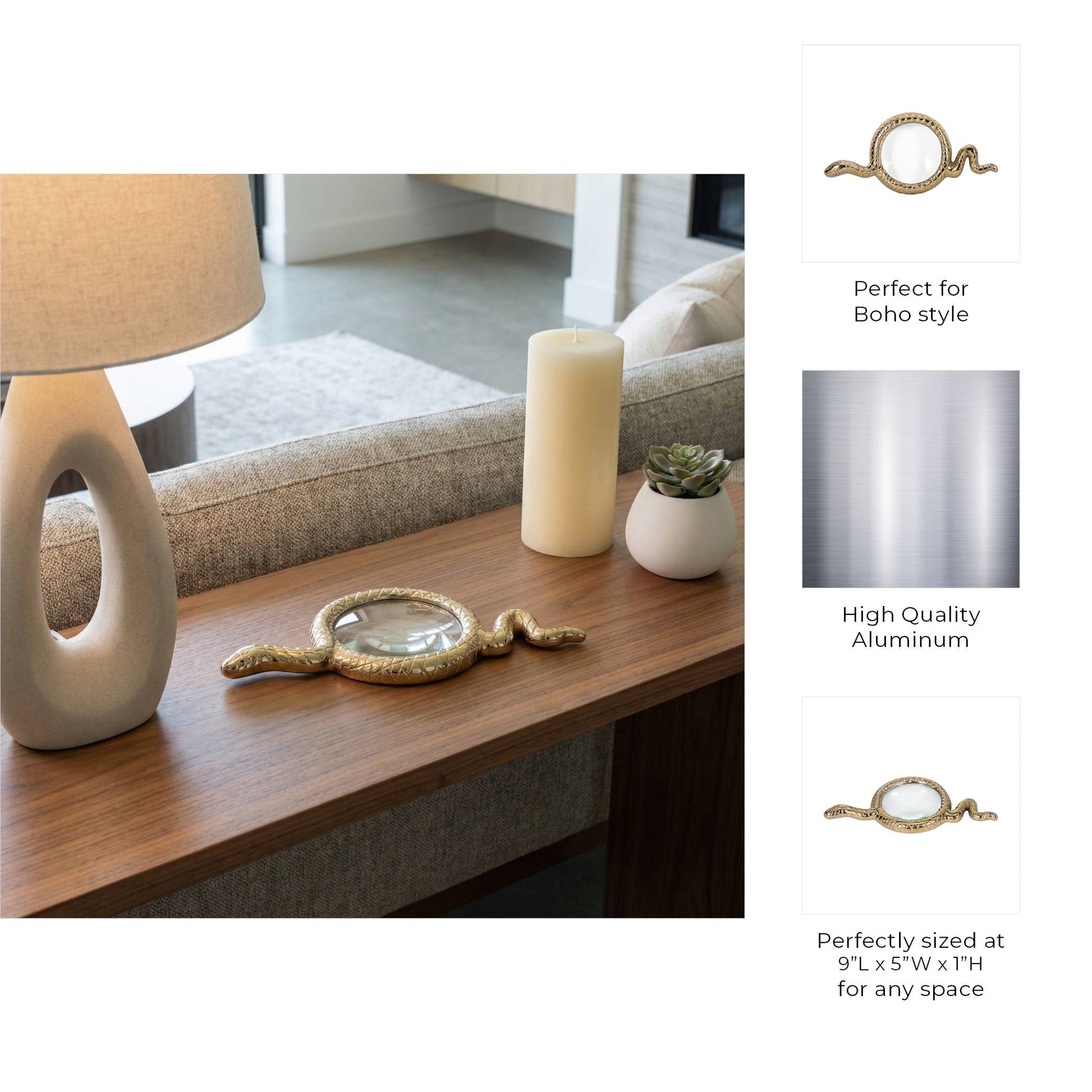 Decorative Object - Gold Metal Snake Magnifying Glass, 9 in.