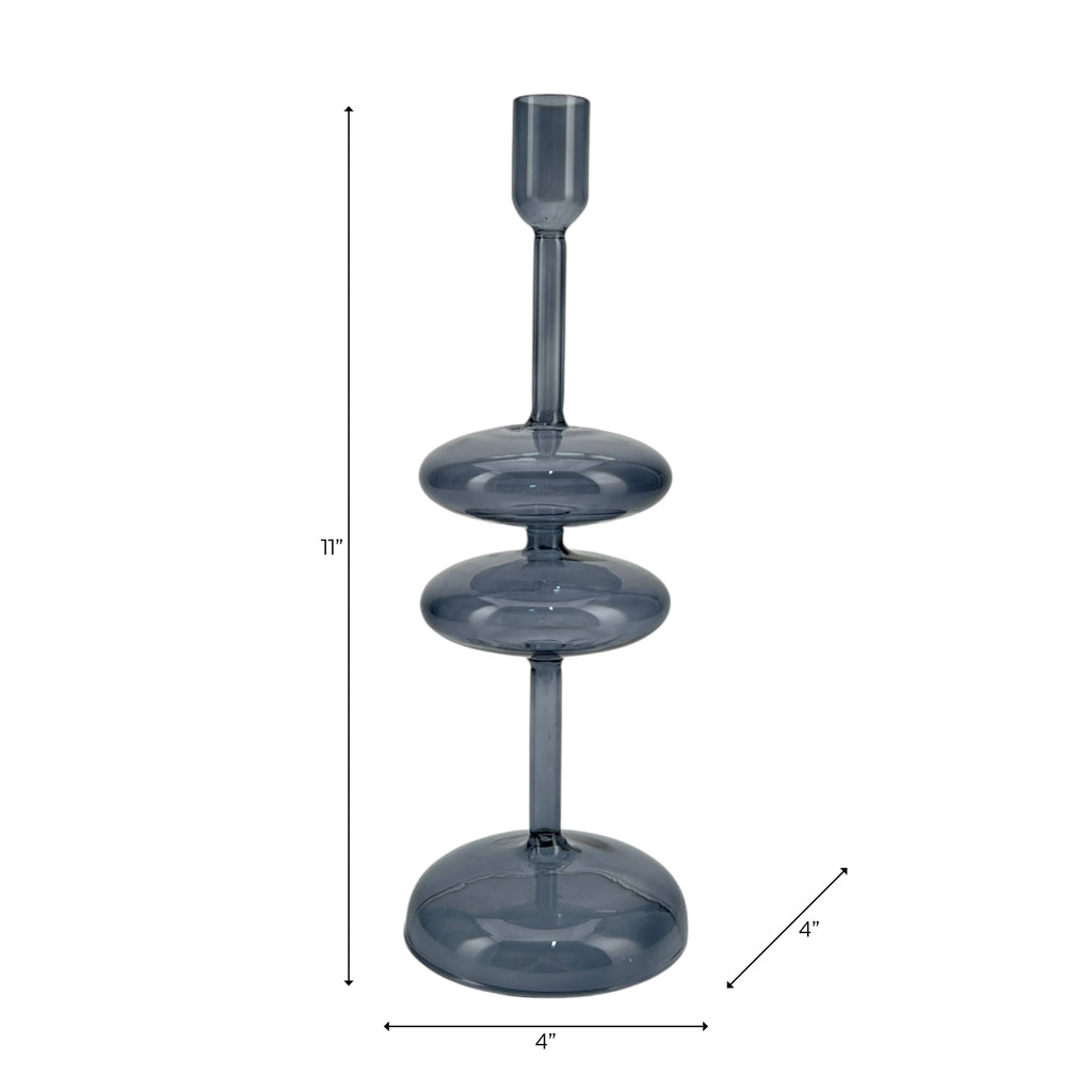 Candle Holder - Blue Glass Retro Bubble Taper, 11 in.