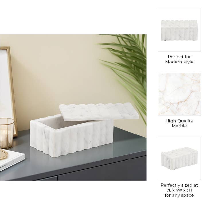 White 7x3" Marble Rectangular Ridged Decorative Box