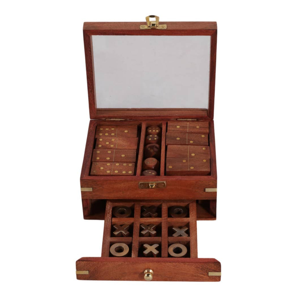 Game Set - Brown/Gold Wood 3 in 1 with Storage Case