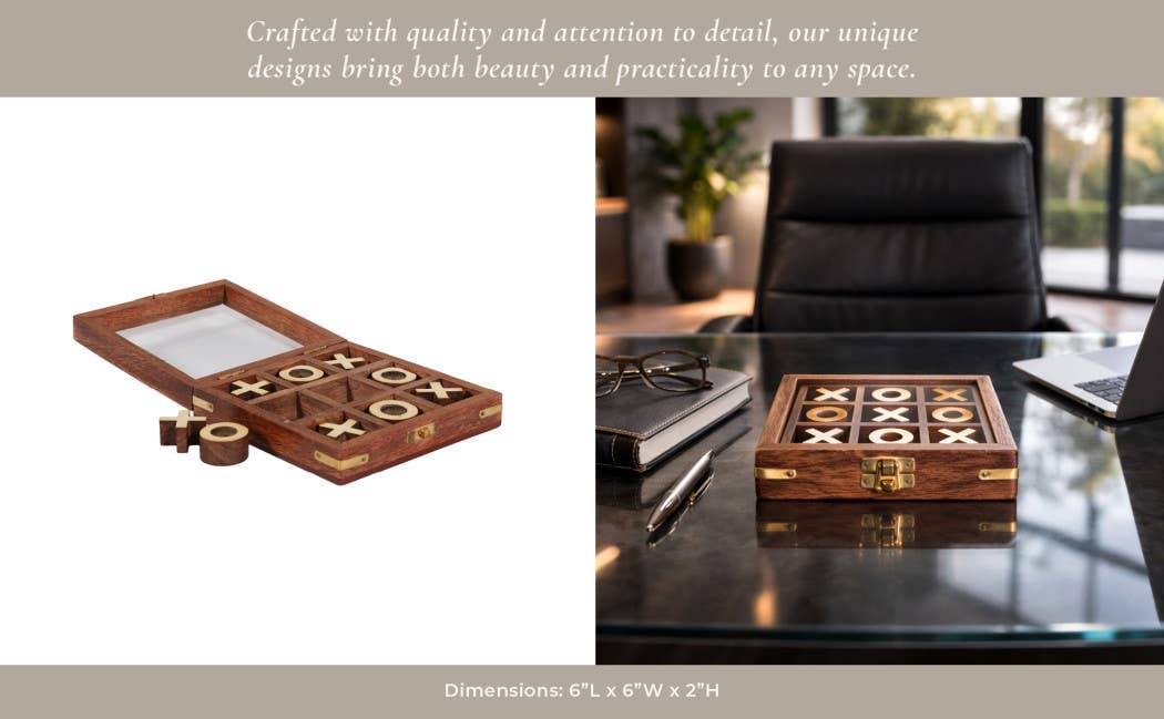 Game Board - Brown and Gold Wood Tic Tac Toe Case, 6 in.