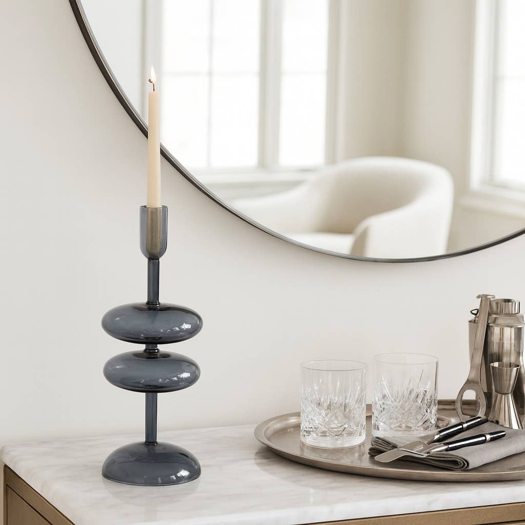 Candle Holder - Blue Glass Retro Bubble Taper, 11 in.