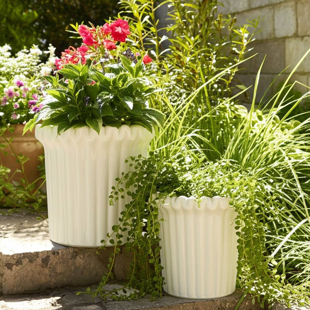 Stoneware Vertical Ridged Planters Set of 2 - Ivory, 9/7 in.