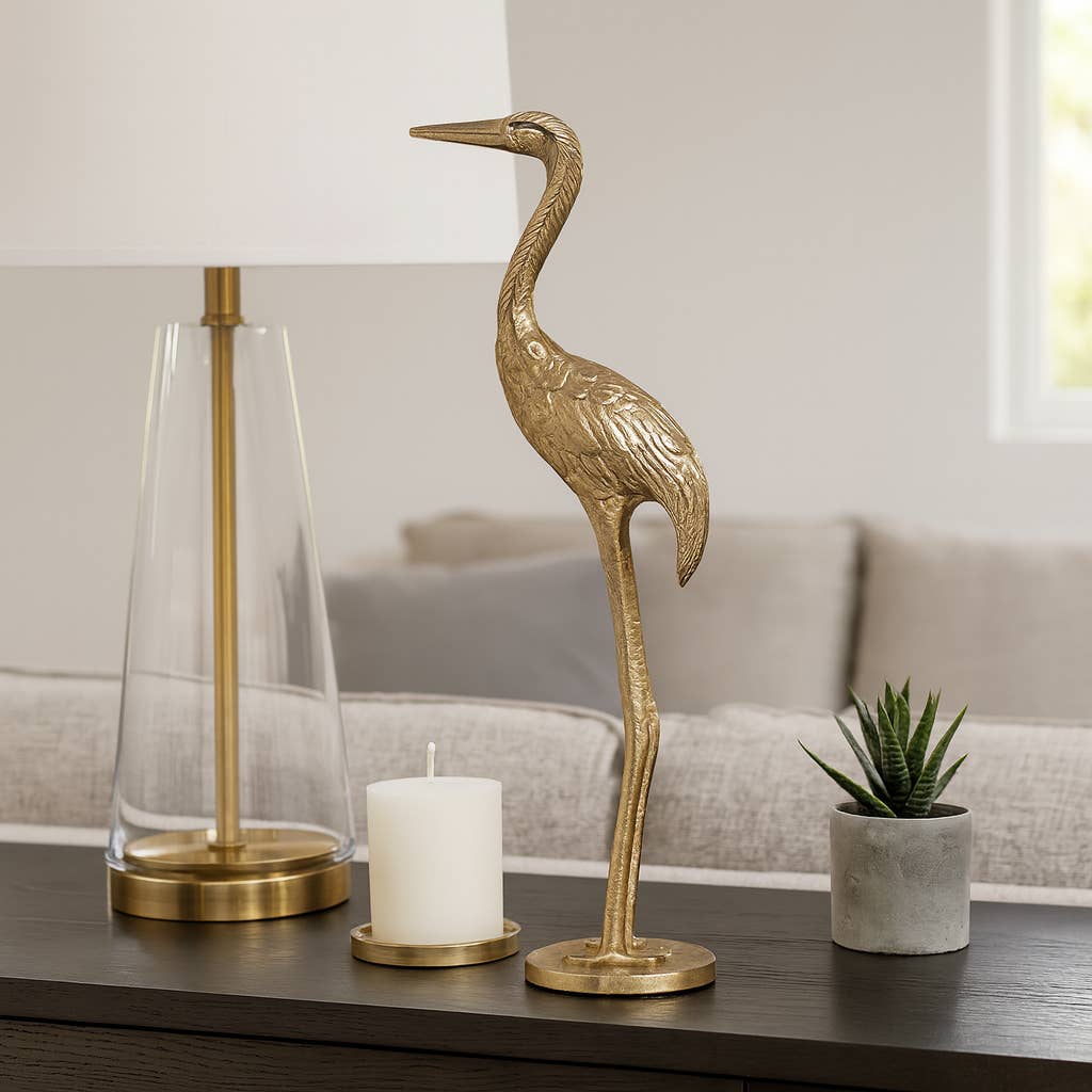 Figurine - Gold Metal Standing Crane Gleaming Finish, 16 in.