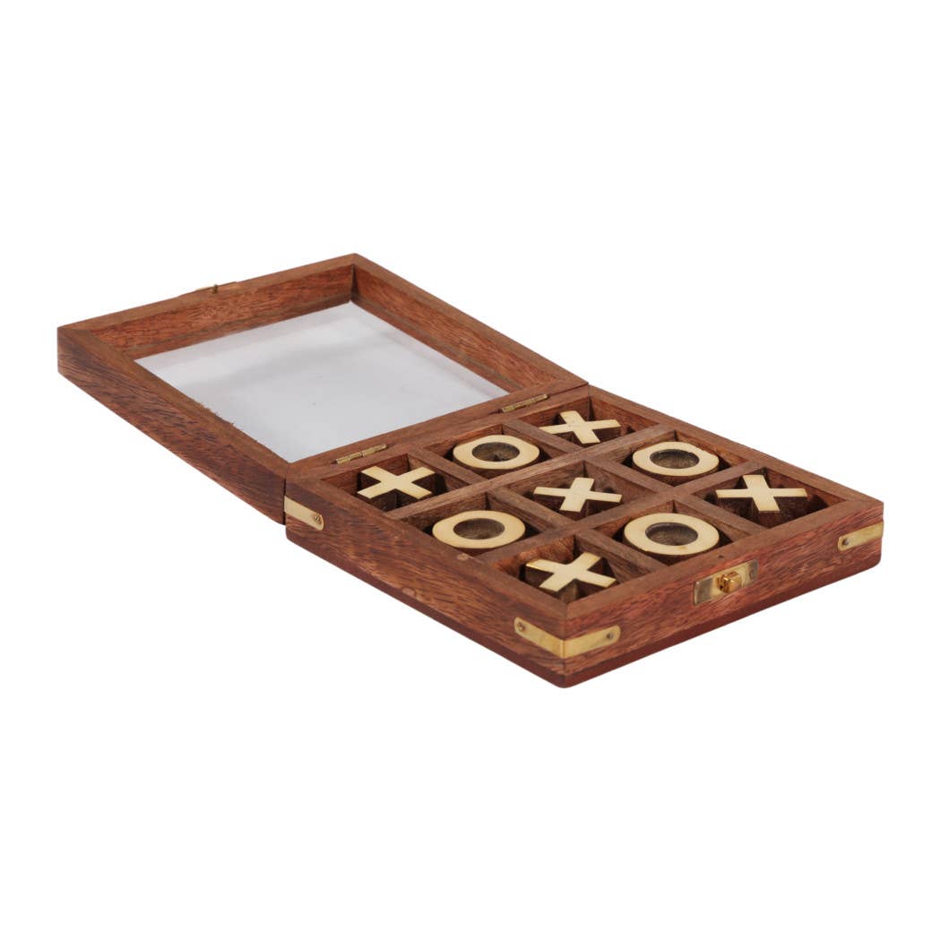 Game Board - Brown and Gold Wood Tic Tac Toe Case, 6 in.