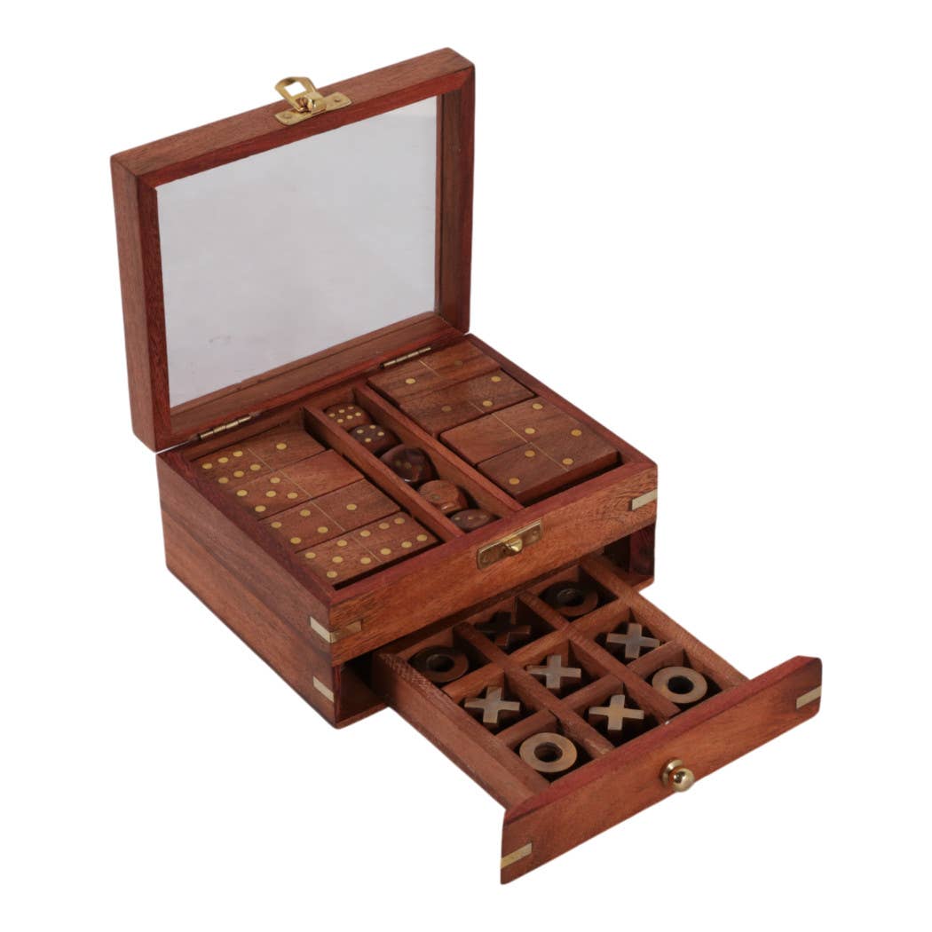 Game Set - Brown/Gold Wood 3 in 1 with Storage Case