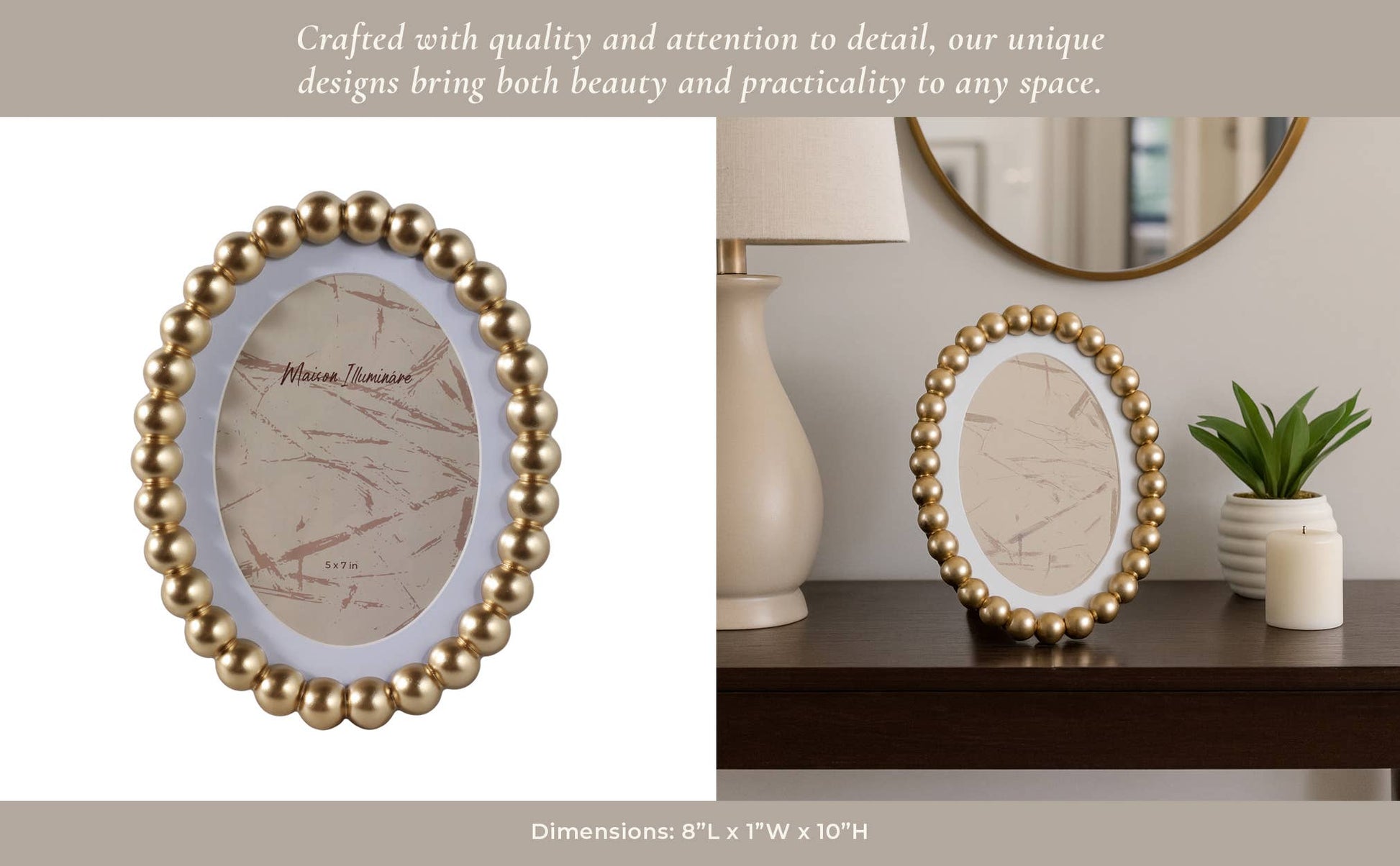 Photo Frame - Gold Glass Matted Round Beaded, 7x9 in.