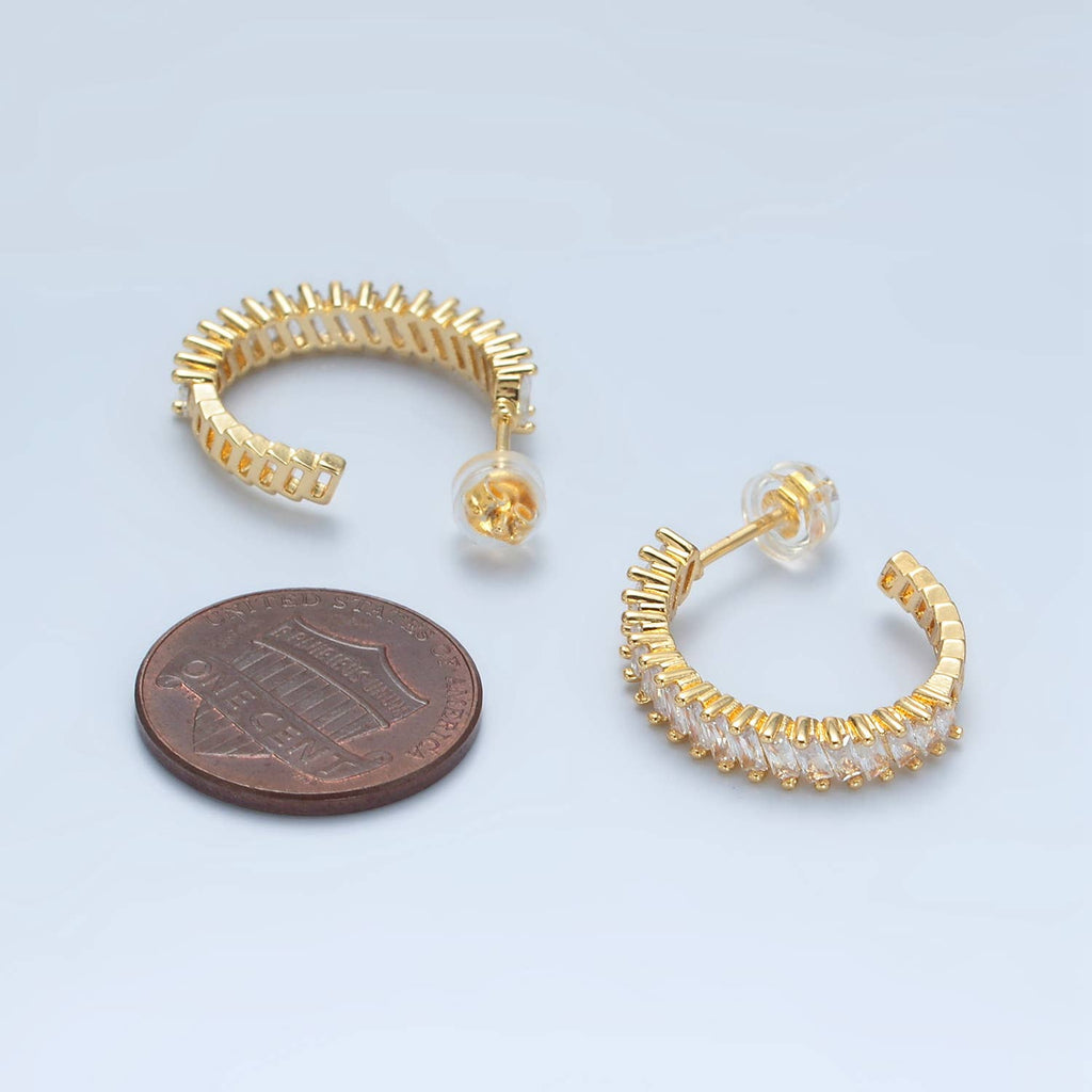 24K Gold Filled Baguette Lined J-Shaped Hoops | AD732