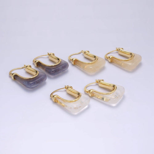 14K Gold Filled 30mm Clear, Grey, Cream U-Shaped Rectangular Latch Hoop Resin Acrylic Earrings | AE159 AE160 AE176