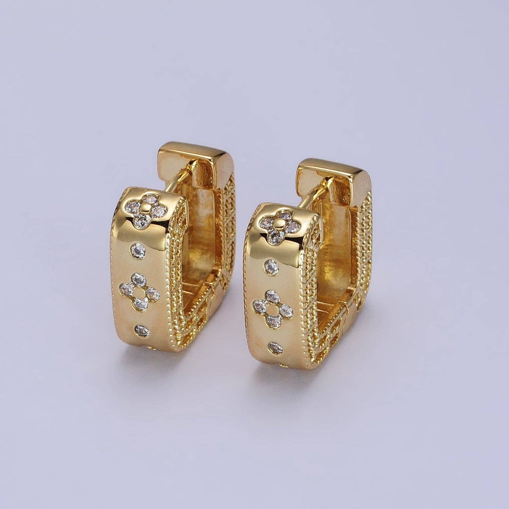 24K Gold Filled Clear Quatrefoil CZ Square Huggies Earrings | AB196