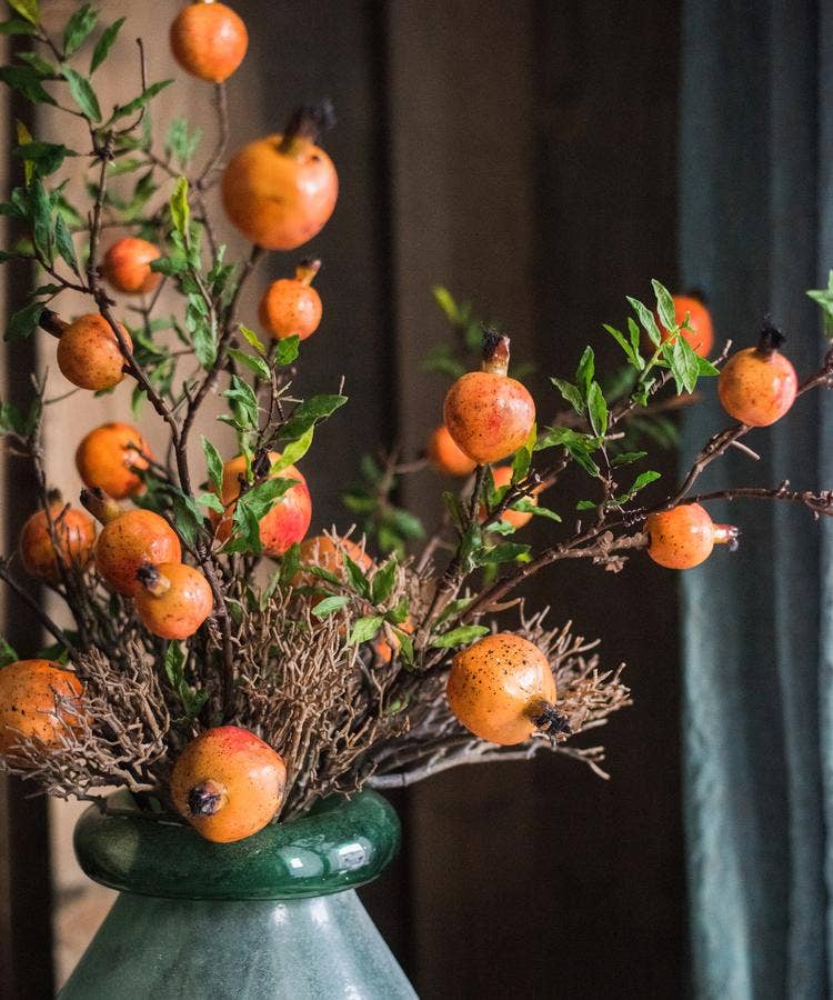 Artificial Fruit Yellow Orange Pomegranate Fruit Stem 36" Ta