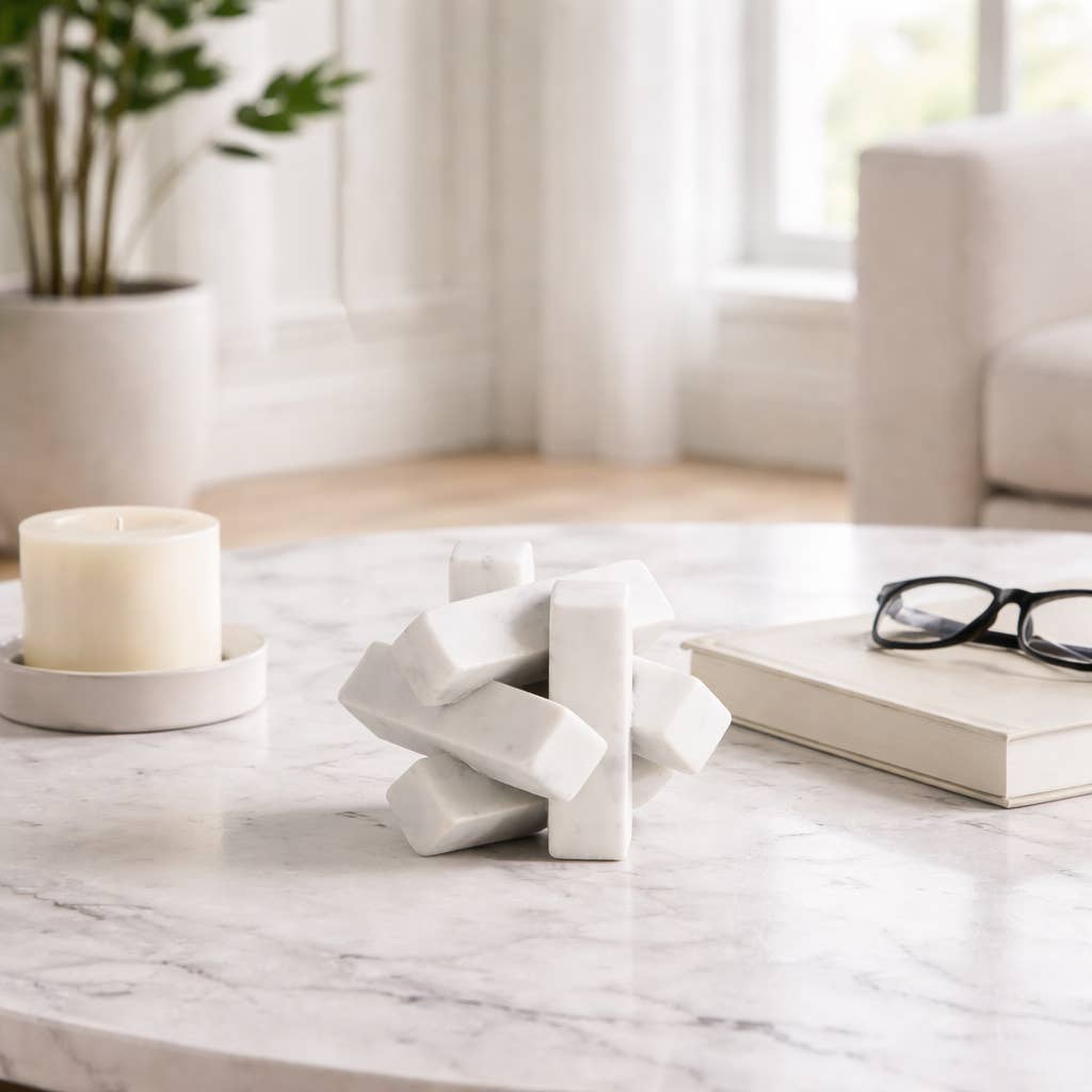 Sculpture - White Marble Faceted Interlocking Orb