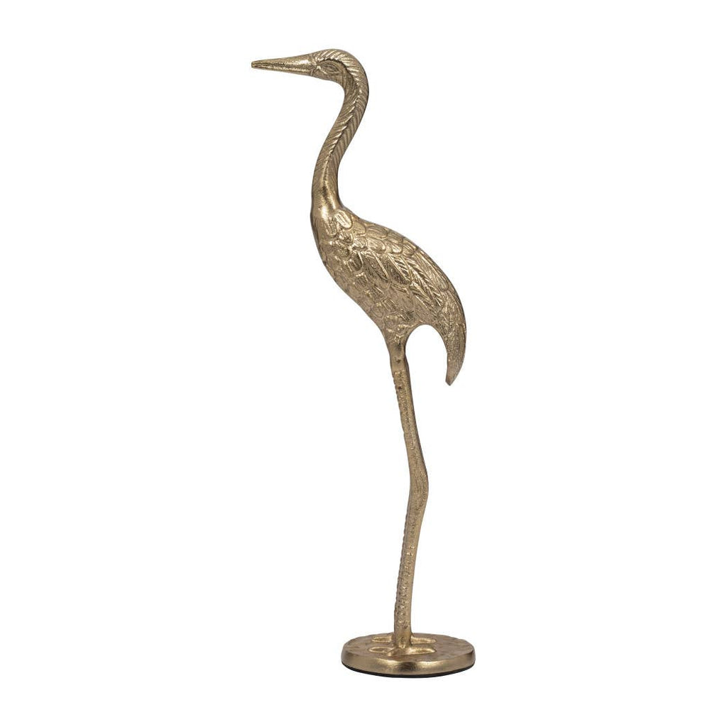 Figurine - Gold Metal Standing Crane Gleaming Finish, 16 in.