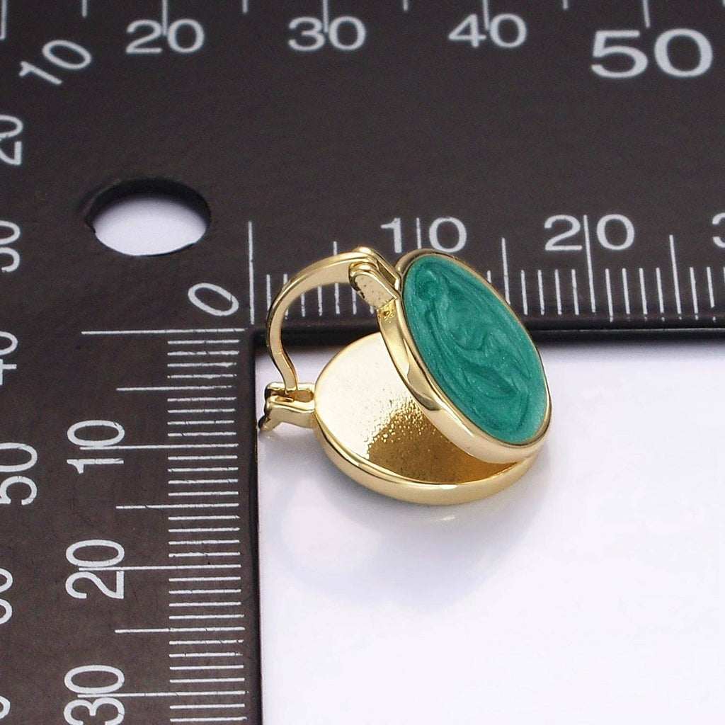 14K Gold Filled Teal, White Enamel Round Triangle Latch Hoop Earrings | AE996 AE997