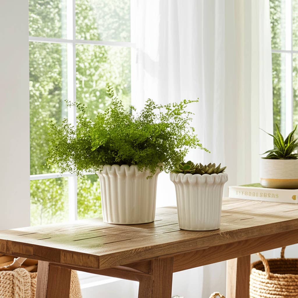 Stoneware Vertical Ridged Planters Set of 2 - Ivory, 9/7 in.