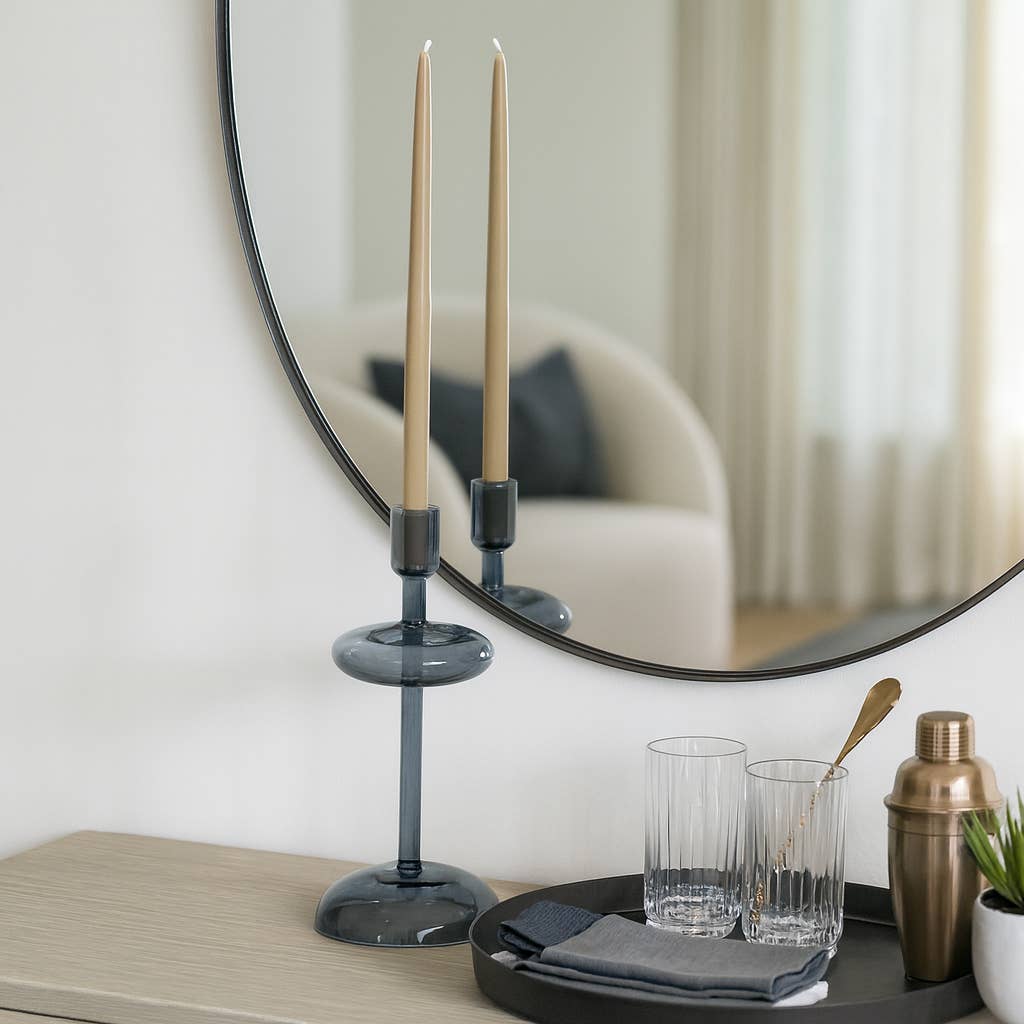 Candle Holder - Blue Glass Retro Bubble Taper, 10 in.
