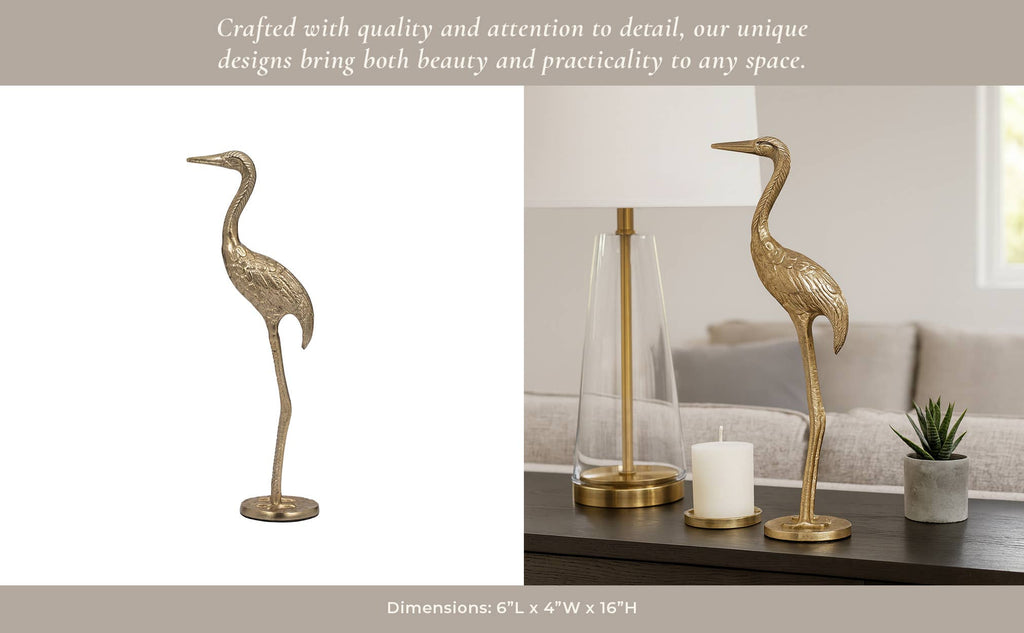Figurine - Gold Metal Standing Crane Gleaming Finish, 16 in.
