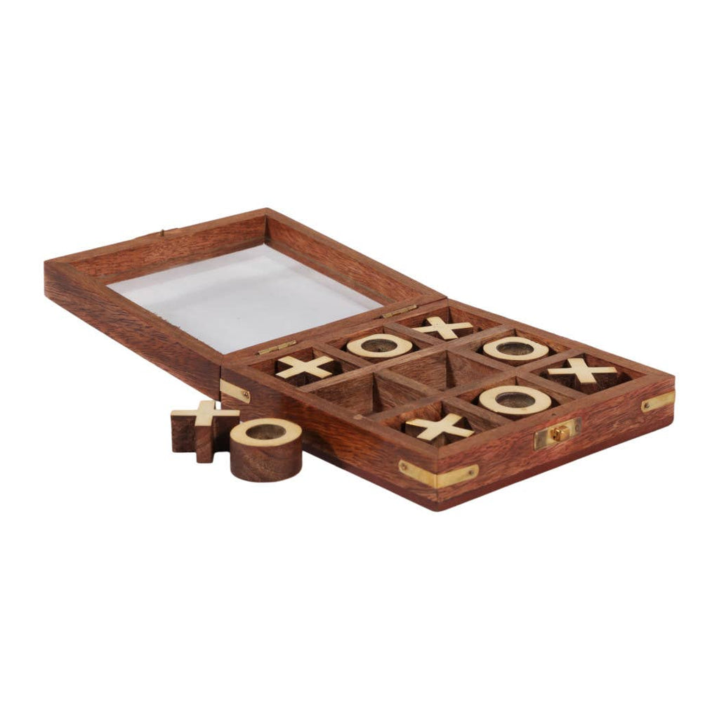 Game Board - Brown and Gold Wood Tic Tac Toe Case, 6 in.