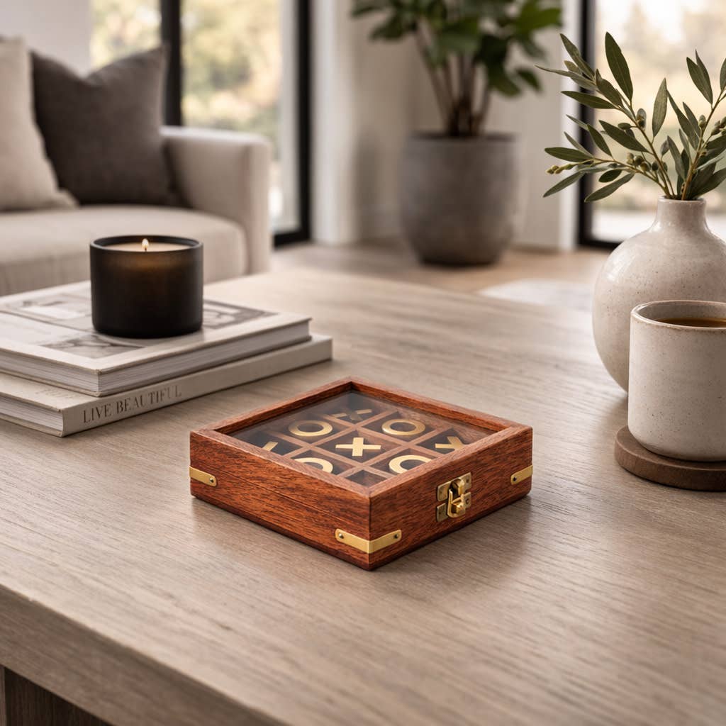 Game Board - Brown and Gold Wood Tic Tac Toe Case, 6 in.