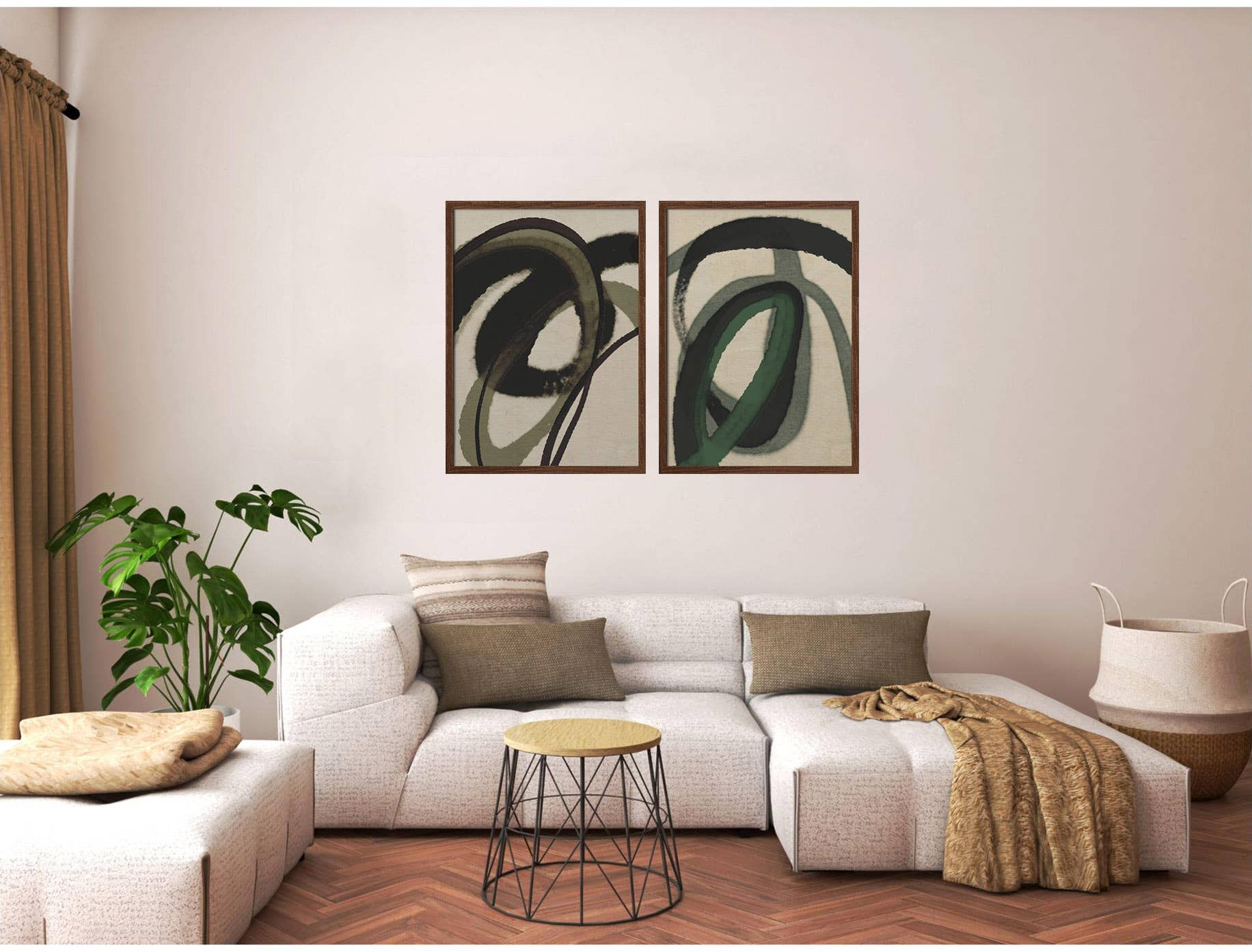 "Green Water Color" Set of Two Framed Textured Wall Art