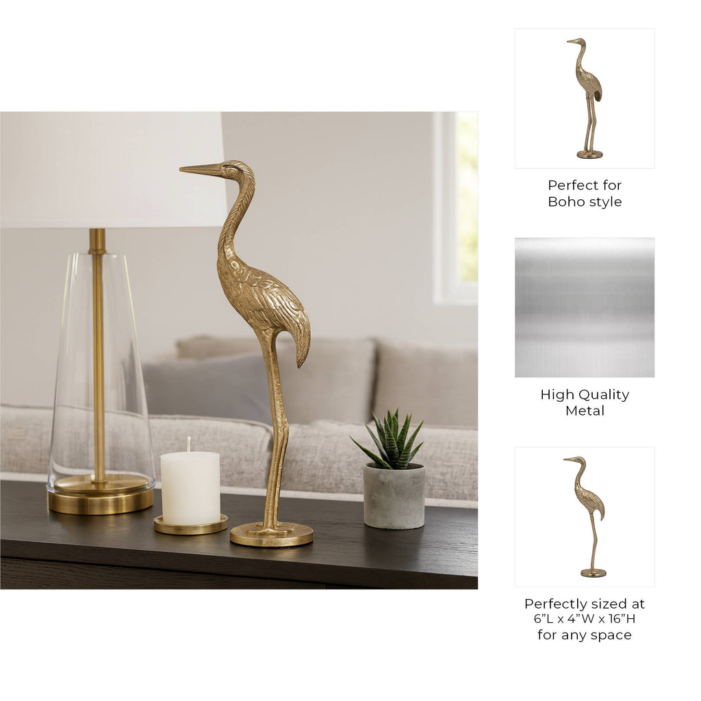 Figurine - Gold Metal Standing Crane Gleaming Finish, 16 in.