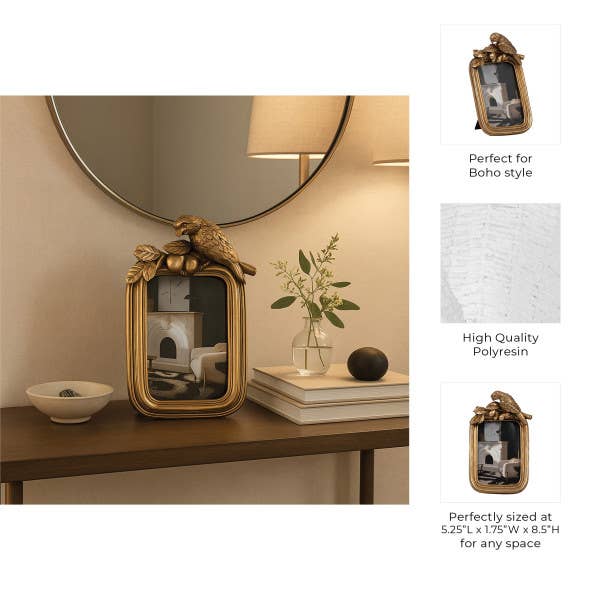 Decorative Picture Frame - Gold Polyresin Bird, 4x6 in.