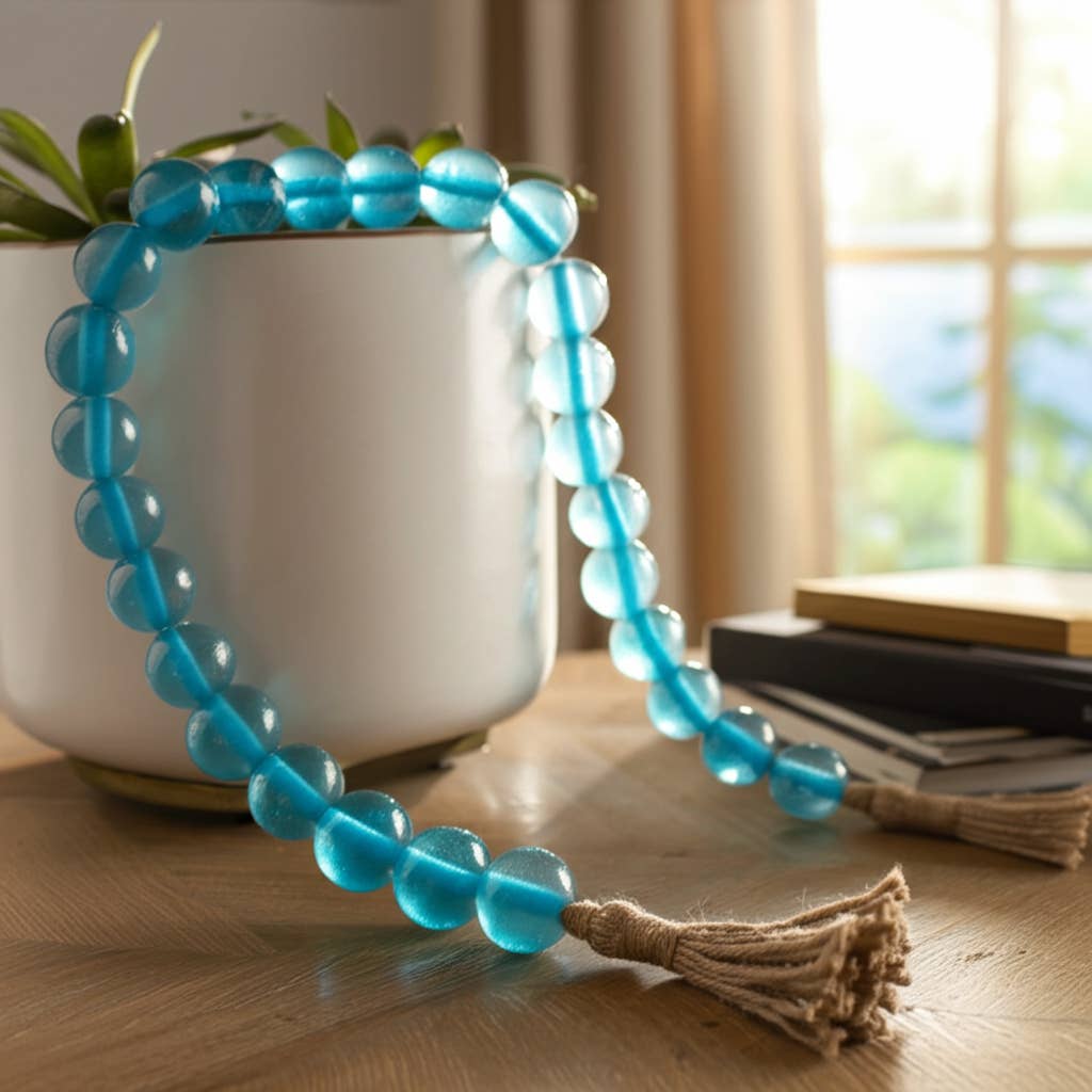 Beaded Garland - Blue Glass with Jute Tassel, 34 in.