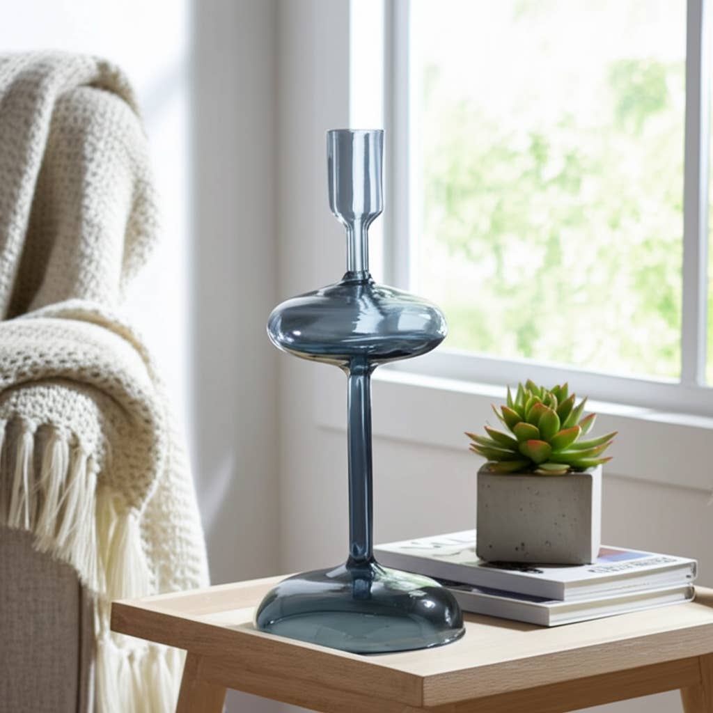Candle Holder - Blue Glass Retro Bubble Taper, 10 in.