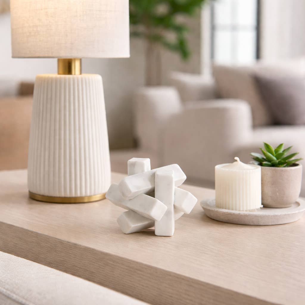 Sculpture - White Marble Faceted Interlocking Orb