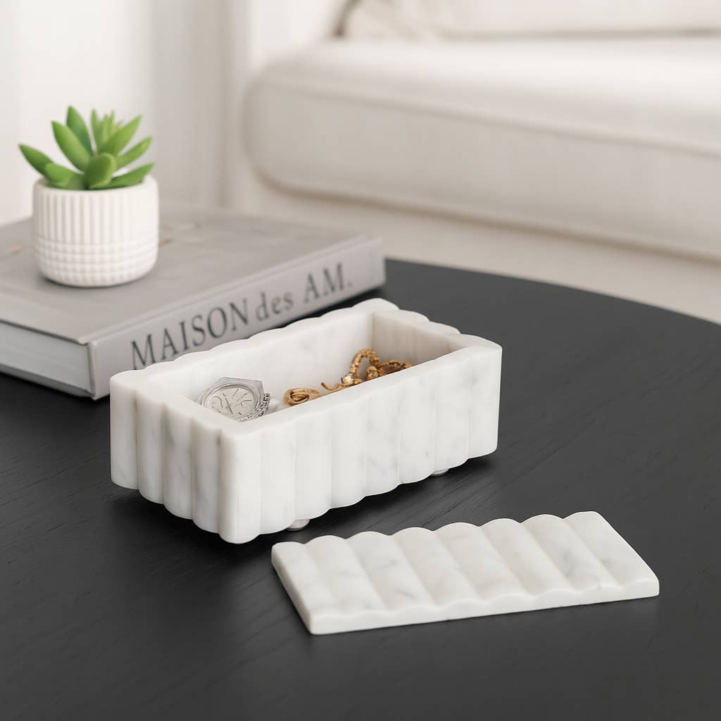 White 7x3" Marble Rectangular Ridged Decorative Box
