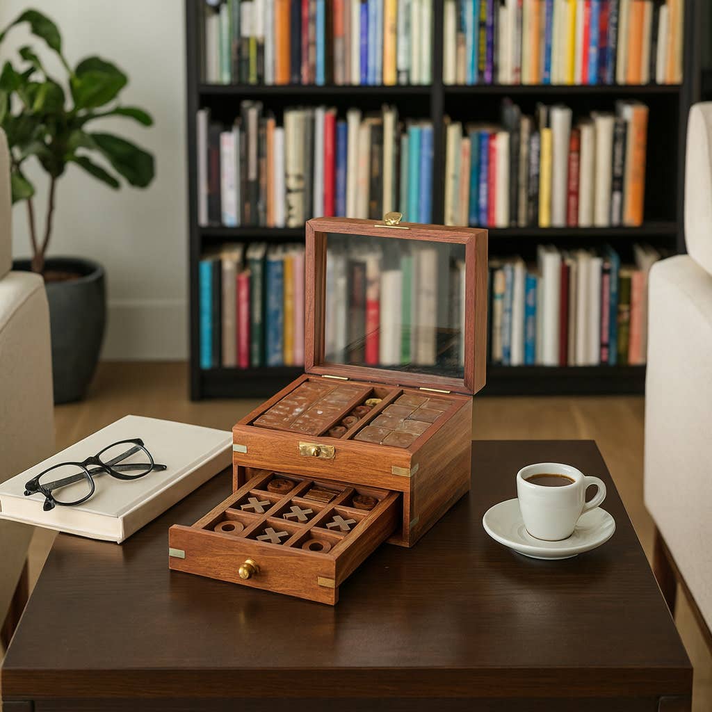 Game Set - Brown/Gold Wood 3 in 1 with Storage Case