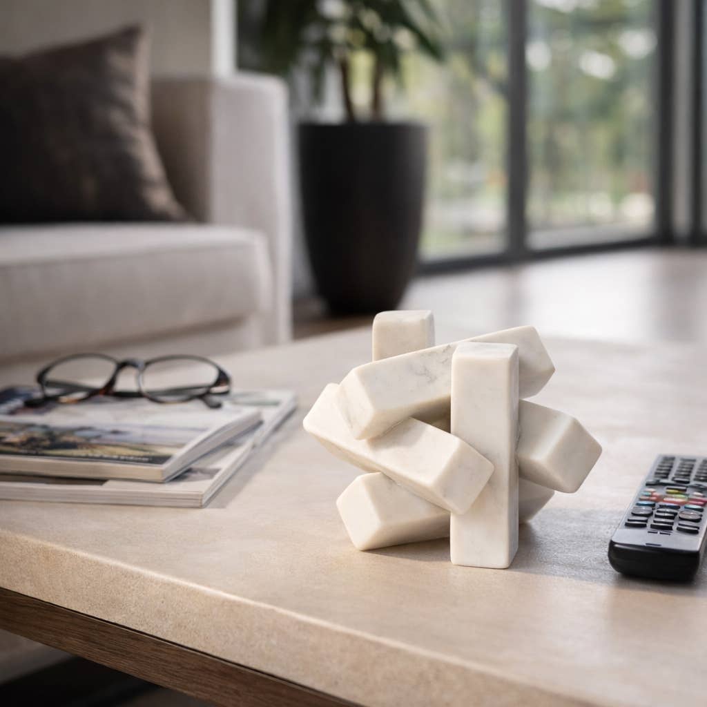 Sculpture - White Marble Faceted Interlocking Orb