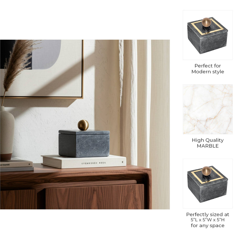 Marble Modern Square Storage Box with Knob - Black, 5 in.