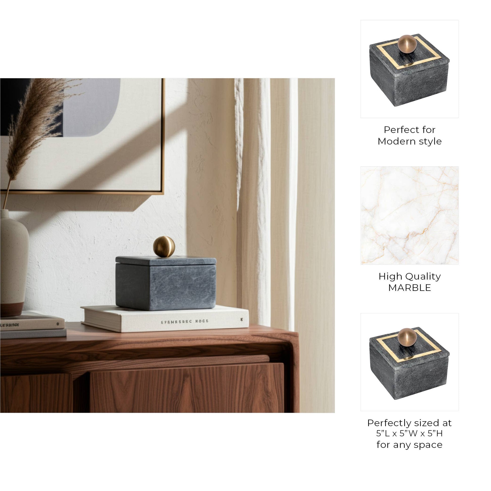Marble Modern Square Storage Box with Knob - Black, 5 in.