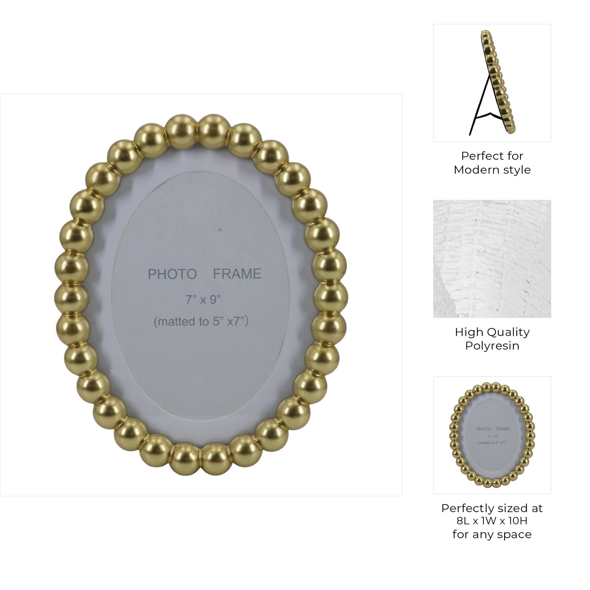 Photo Frame - Gold Glass Matted Round Beaded, 7x9 in.