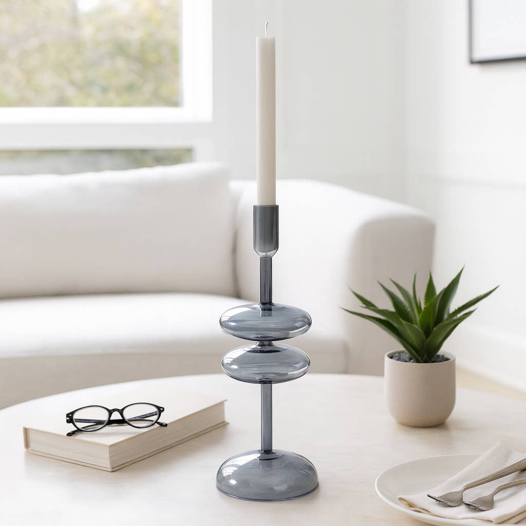 Candle Holder - Blue Glass Retro Bubble Taper, 11 in.