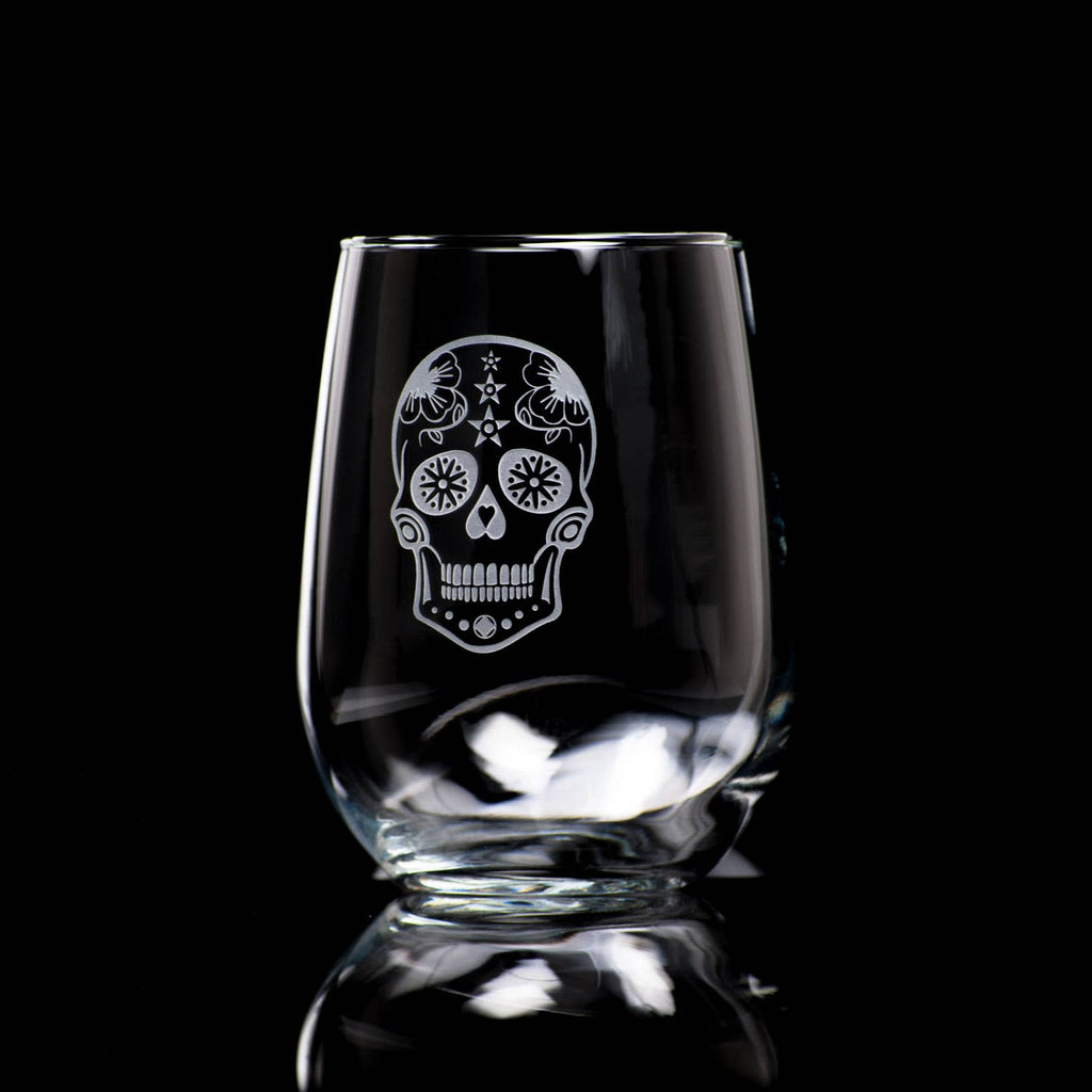Sugar Skull 17oz Stemless Wine - Halloween Glassware - SET OF TWO