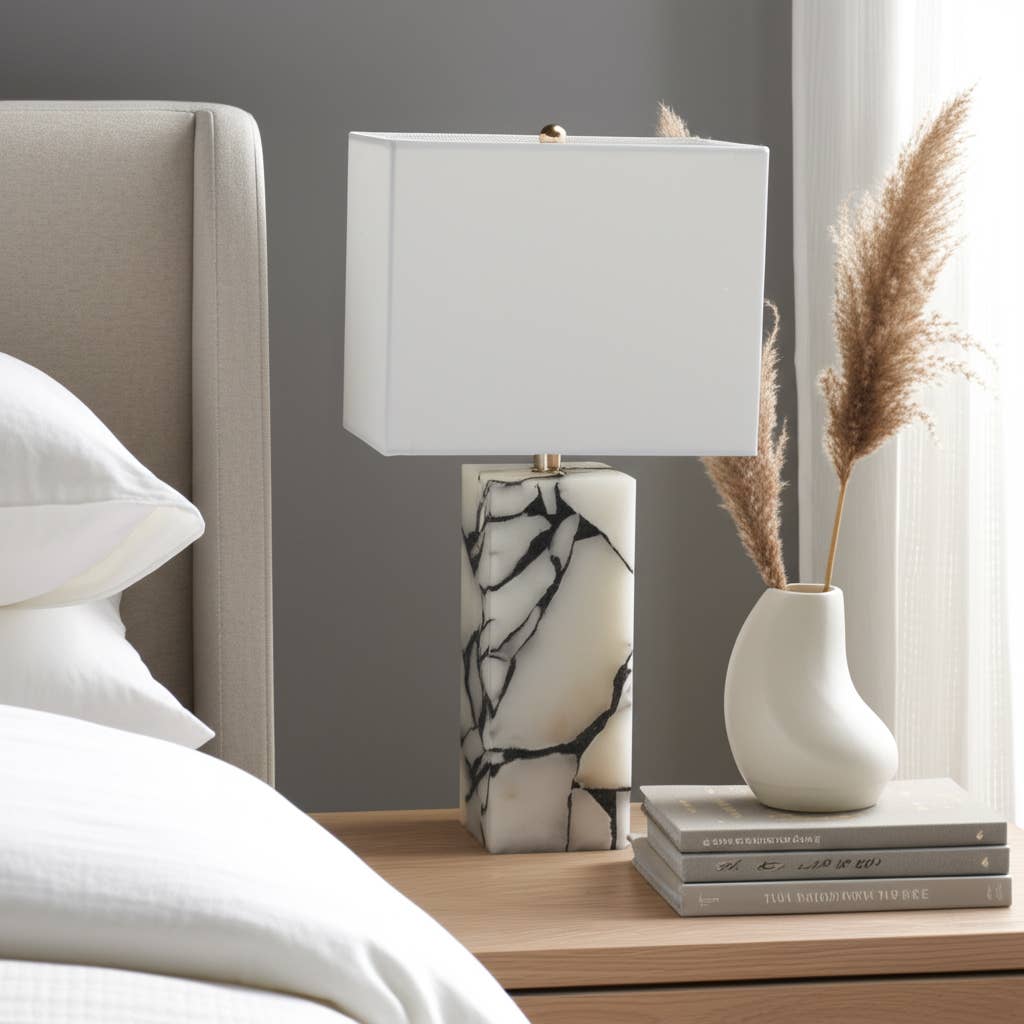 Table Lamp - White Stone Fabric Alabaster Pieces, 24 in.
