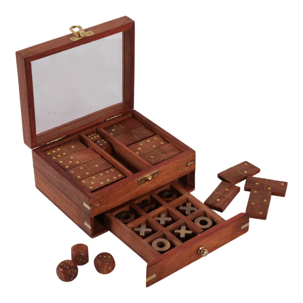 Game Set - Brown/Gold Wood 3 in 1 with Storage Case