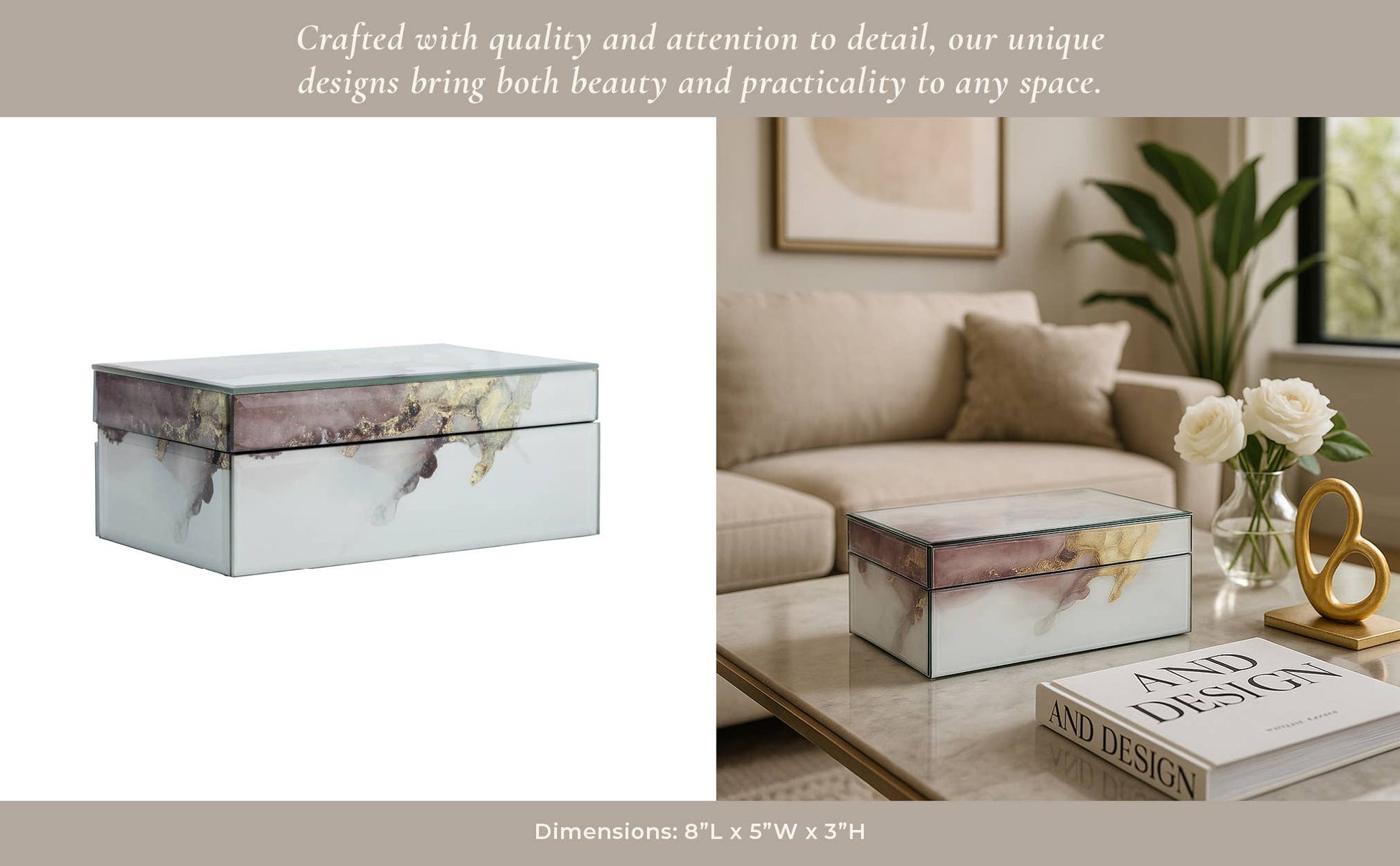 Decorative Box - White/Beige/Gold Wood Abstract, 8x3 in.