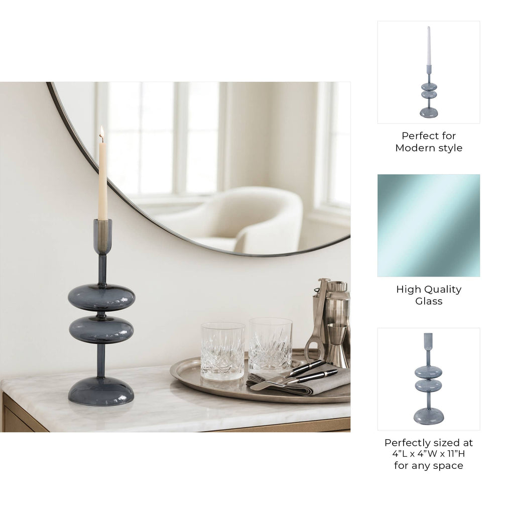 Candle Holder - Blue Glass Retro Bubble Taper, 11 in.