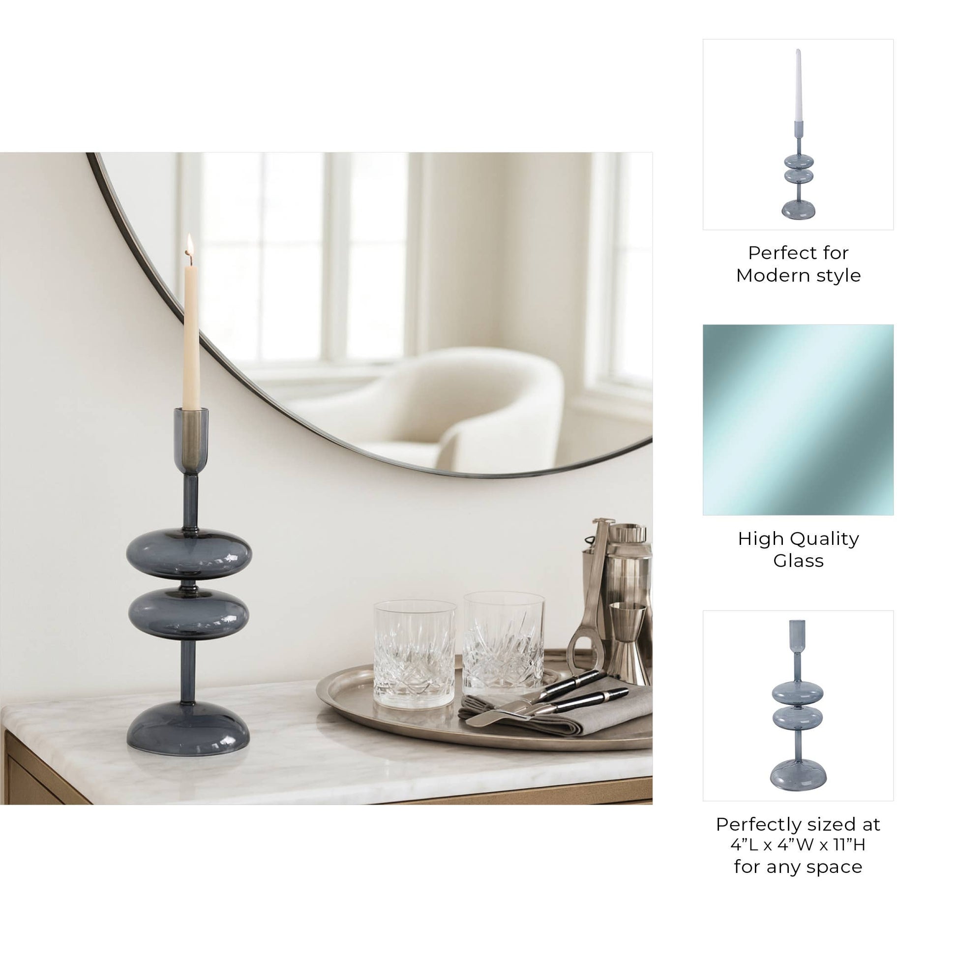Candle Holder - Blue Glass Retro Bubble Taper, 11 in.