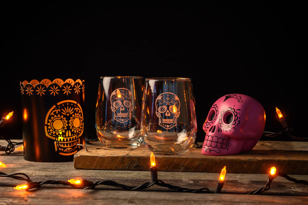 Sugar Skull 17oz Stemless Wine - Halloween Glassware - SET OF TWO