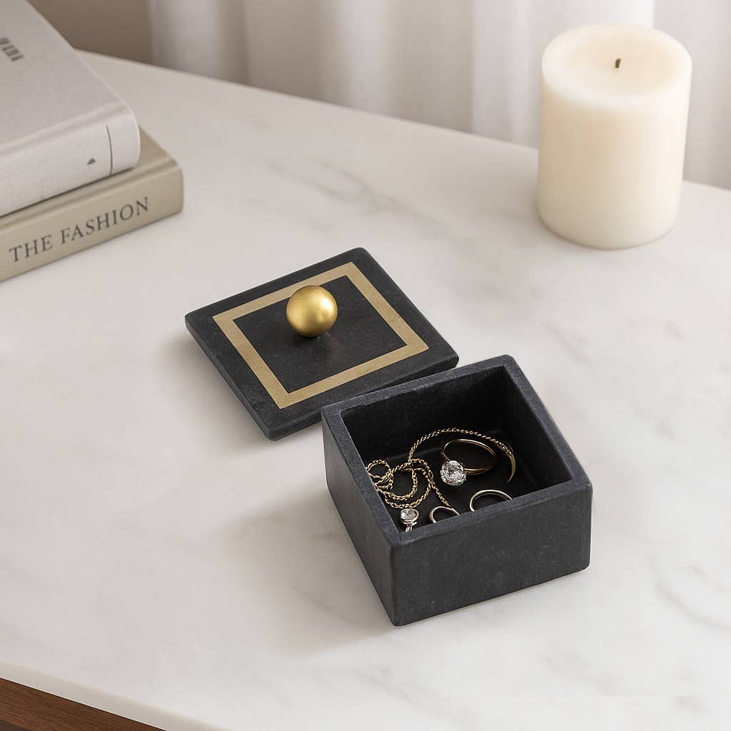 Marble Modern Square Storage Box with Knob - Black, 5 in.