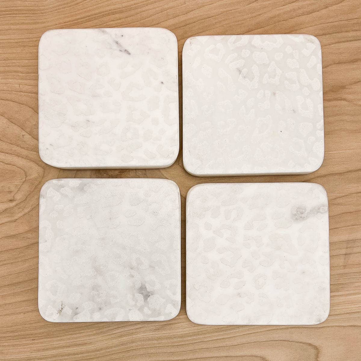 Leopard Etched Marble Coasters   White   4x4