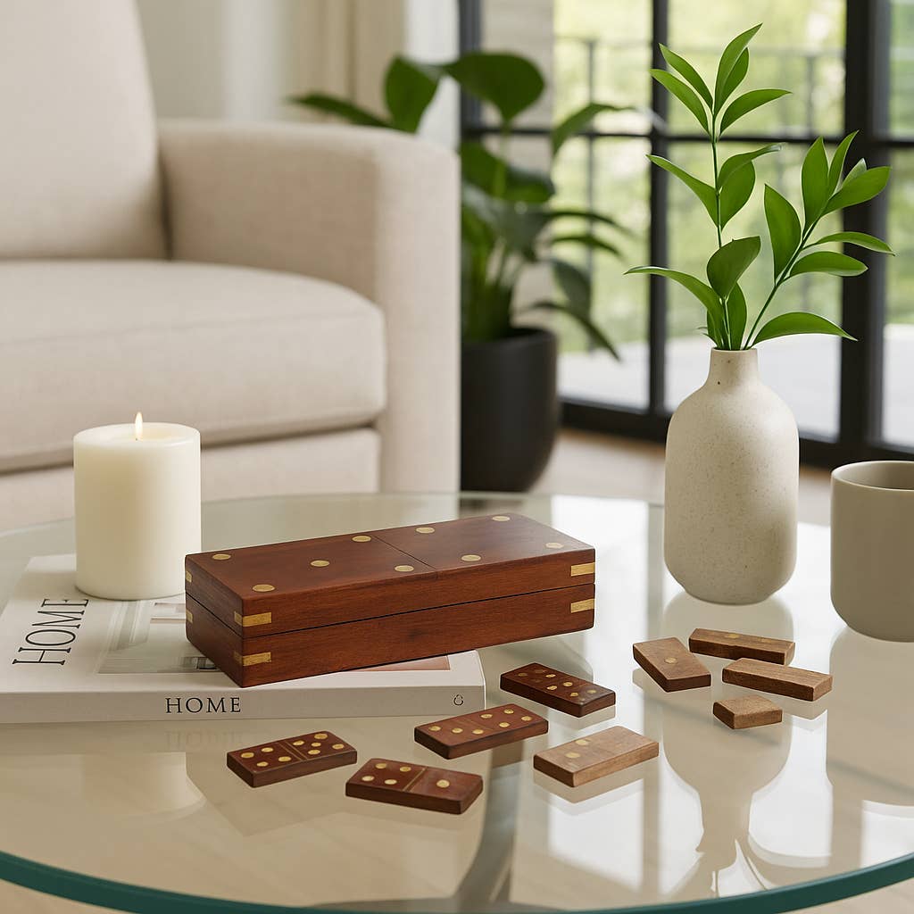 Box Game Set - Brown Wood Rectangular Dominoes, 8 in.