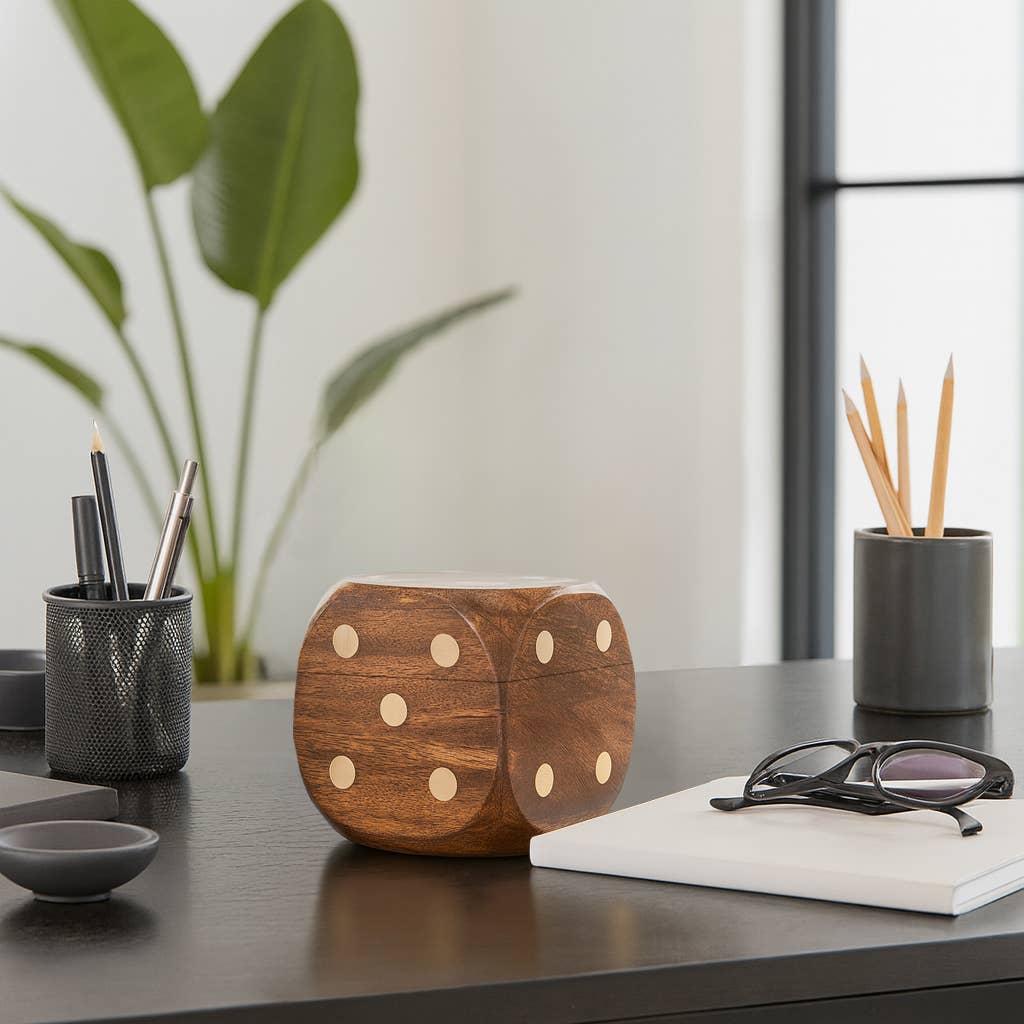 Box Game Set - Brown Mango Wood - Dice Shaped Storage